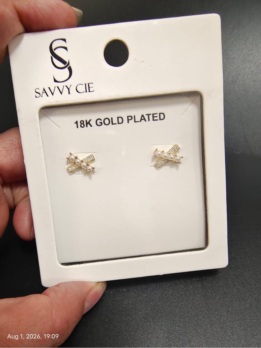 NWB Savvy Cie Gold Tone Pearl Accent Cross Stud Earrings